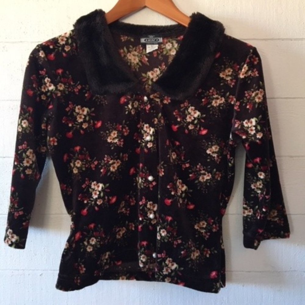 Velvet Button Up Crop Top with Faux Fur Collar S